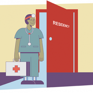 physician walking out of residency door