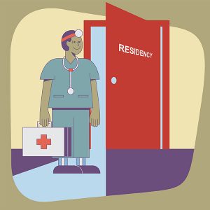 Illustration - physician walking out of residency door
