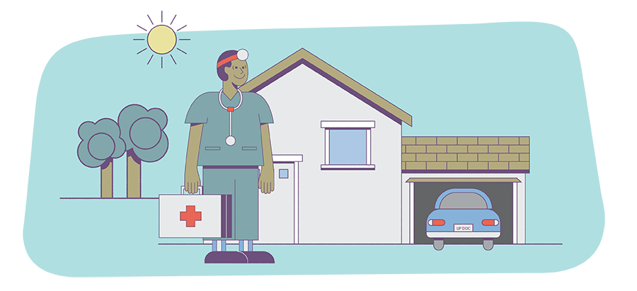 Physician with suitcase next to home illustration