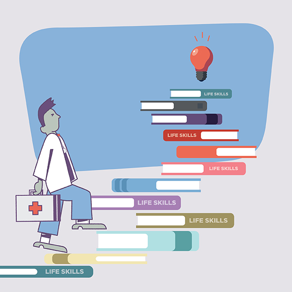 Illustration – physician walking up stairs of books