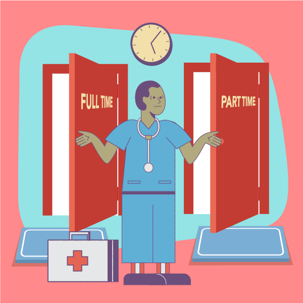 Illustration of locum physician considering part-time locums with a full-time job