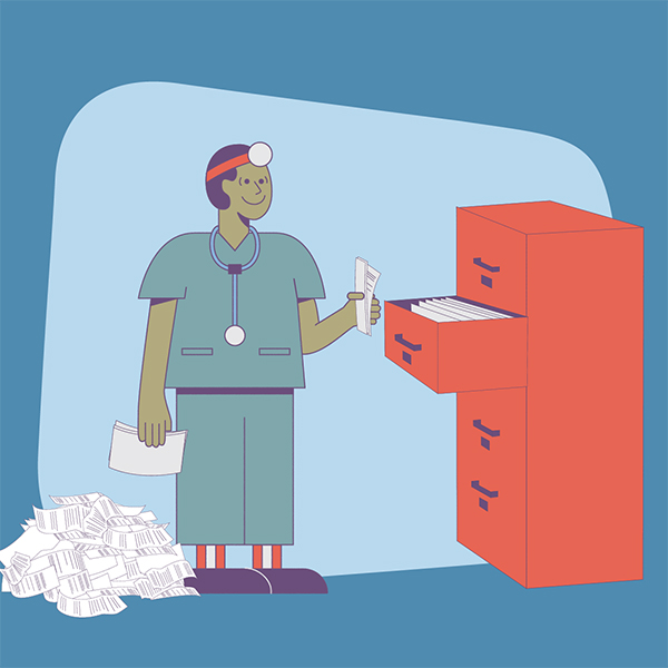 Illustration - locum physician organizing paperwork