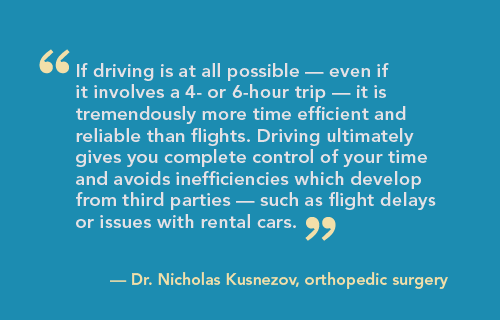 Dr Kusnezov pull quote recommending locum tenens physicians drive to assignments for better contraol over schedule