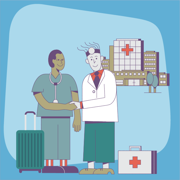 Illustration of two locums doctors, one new to locums and the other a locums pro