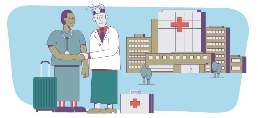 Illustration of two locums doctors, one new to locum tenens, the other a locum tenens pro