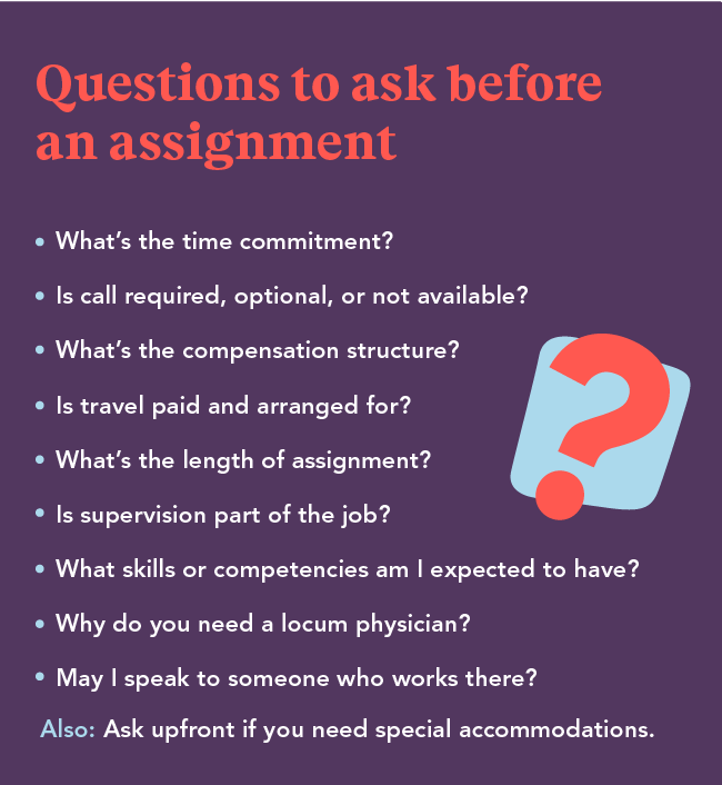 Infographic of questions a physician should ask before working a locums assignment