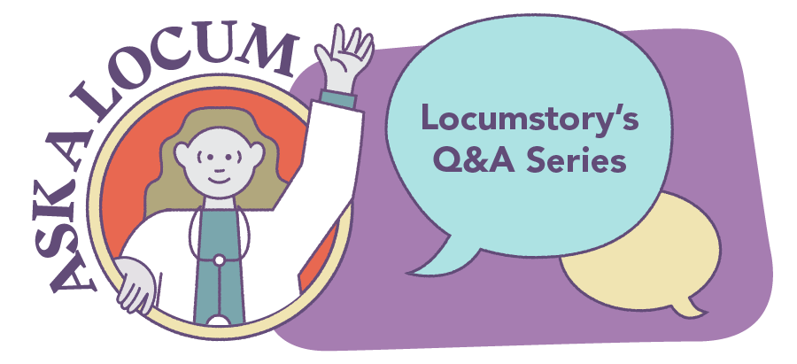 Illustration of a locum physician with an Ask a Locum logo