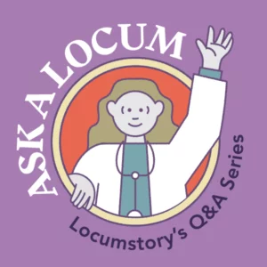 Illustration of a locum physician with an Ask a Locum sign