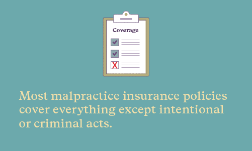 Quote: Most malpractice insurance policies cover everything except intentional or criminal acts. 