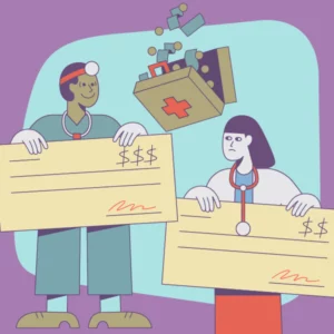 illustration of a male and female doctors holding up paychecks