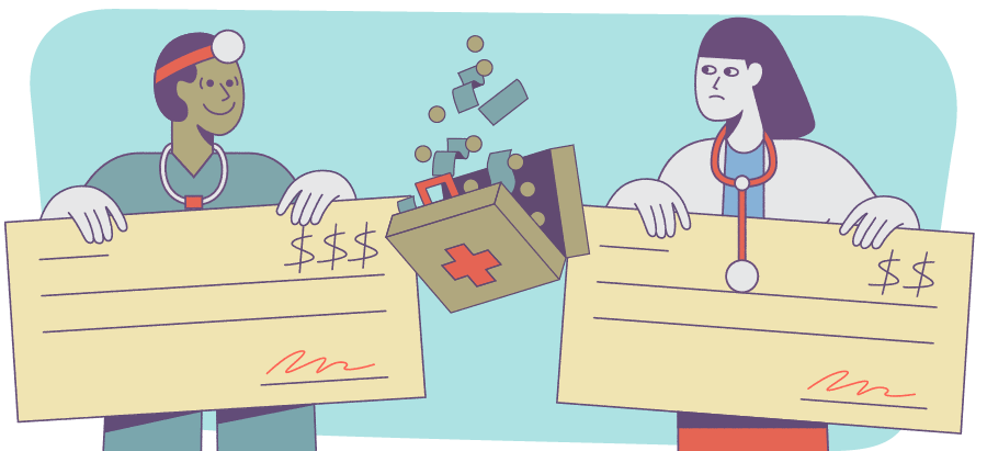 illustration of a male and female doctors holding paychecks 