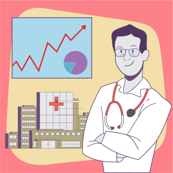 illustration of doctor in front of hospital